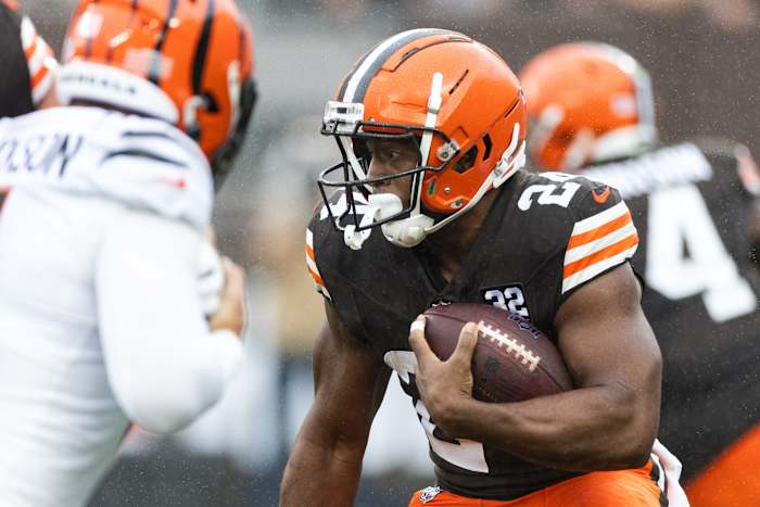 Sep 10, 2023; Cleveland, Ohio, USA; Cleveland Browns running back Nick Chubb (24) runs the ball against the Cincinnati Bengals during the first quarter at Cleveland Browns Stadium.